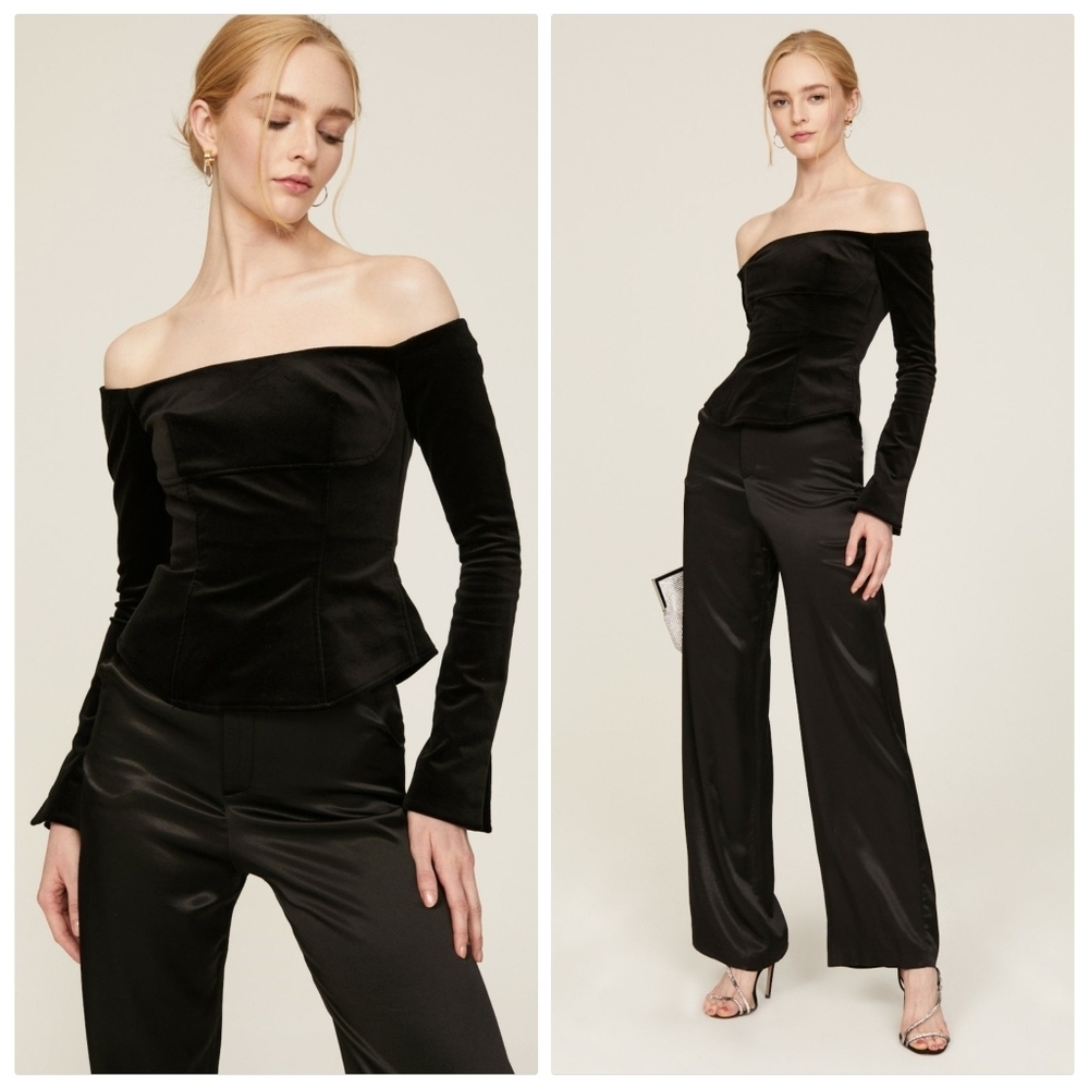 NWT A.L.C. Cassie‎ Top Off the Shoulder Velvet Top Blouse Black Women's Size 12